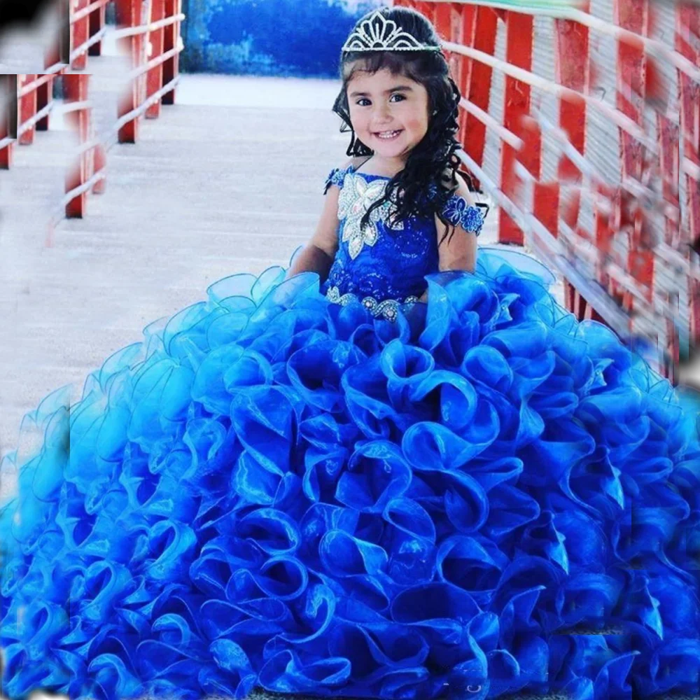 EVLAST 2023 Royal Blue Ball Gown Flower Girl Dresses for Wedding Ruffles Beading First Communion Dress Girls Pageant Gown TFD040