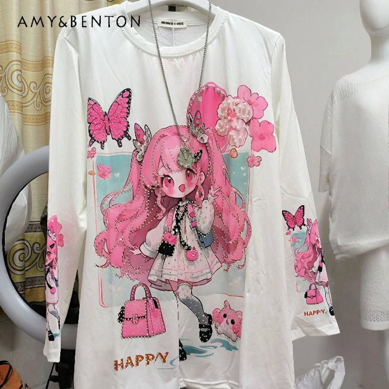 

Korean Style Cartoon Printing Diamond Drills O-neck Long-sleeved T-shirt Women's Summer Heavy Industry Beads Fashion Loose Tees