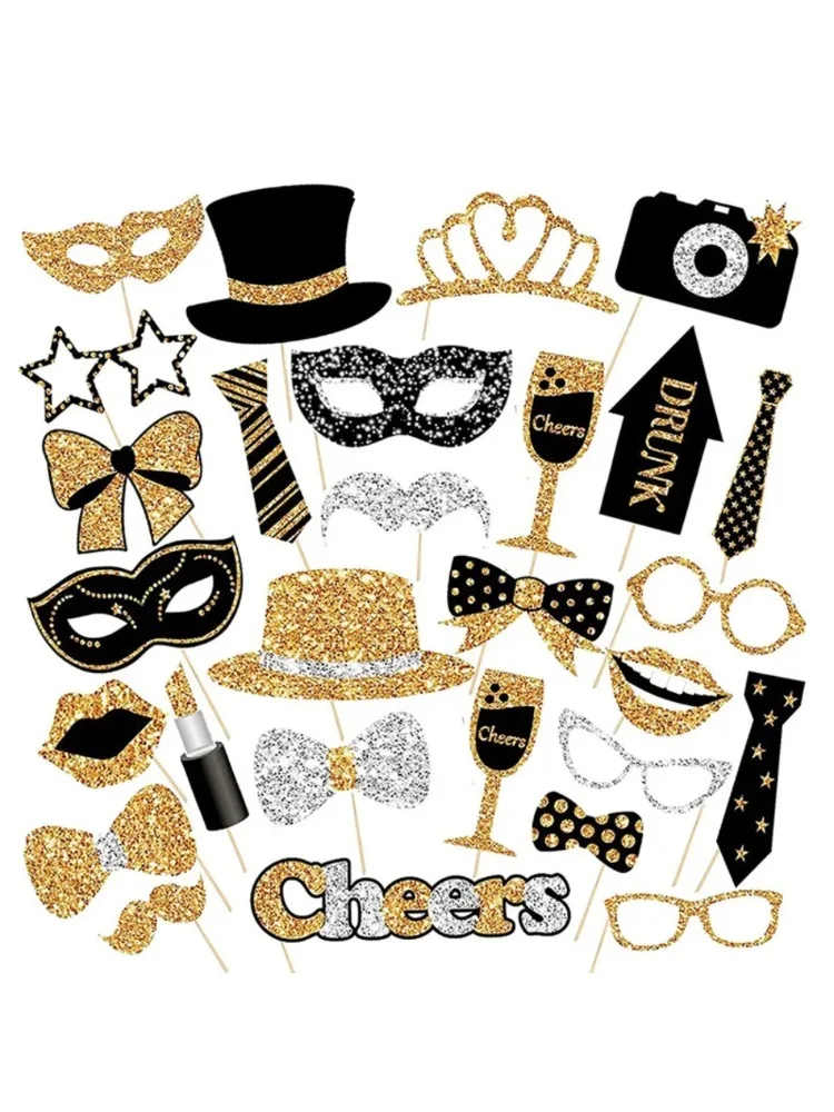 30 stuks zwart gouden party fotohokje rekwisieten voor verjaardagen bruiloften afstuderen prom nieuwjaar feestbenodigdheden hoeden lippenstift stropdas kroon - afbeelding 2