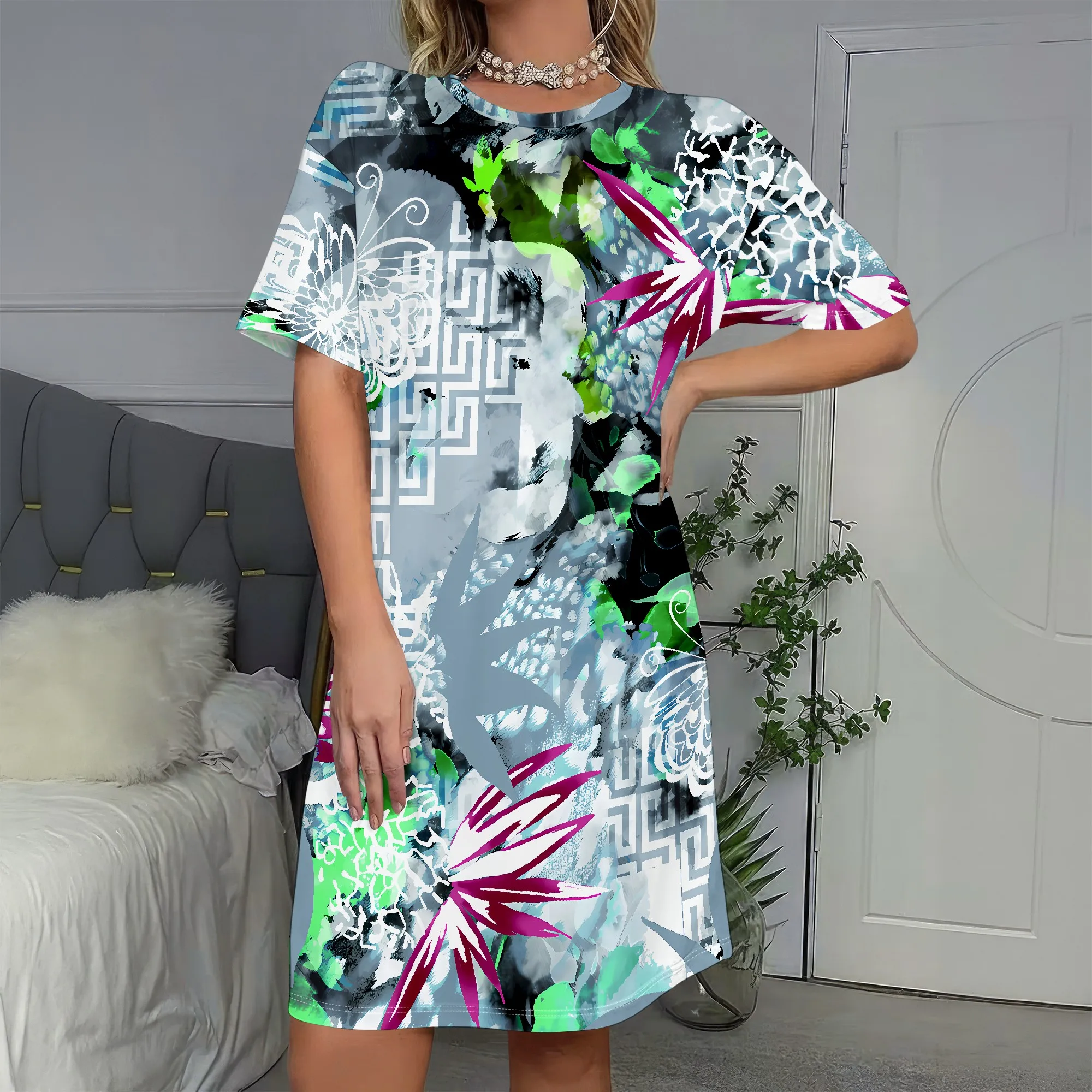 

Abstract Art Print, Short Sleeve Dress, Modern Graphic Tee, Boho Summer Shift, Casual Beachwear, S-2XL