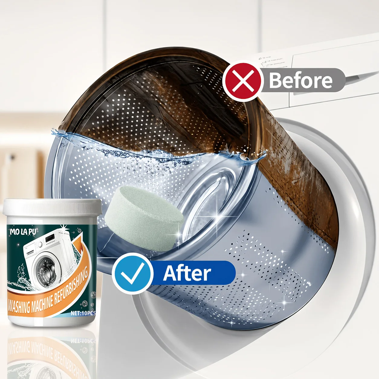 Powerful Multi-Purpose Washing Machine Effervescent Tablets; Foaming Detergent; Freshens and Deodorizes; Essential Laundry Accessory; Effectively Removes Dirt and Stains from the Gaps in the Washing Machine