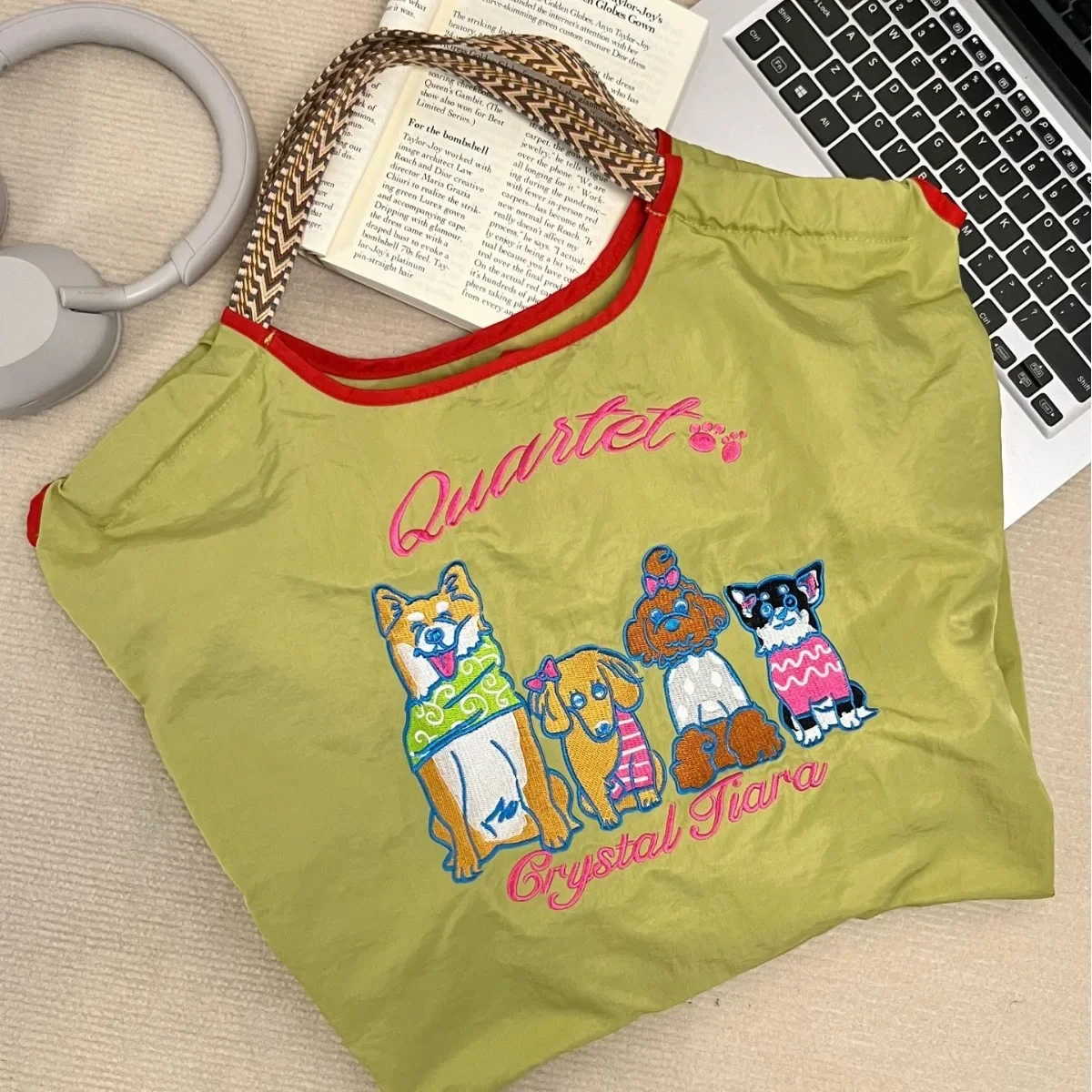 Cute Cat Embroidery Shoulder Bag Carton Dog Eco Tote Bags for Women Handbag Overlarge Shopper Purses Designer Drawstring Bag New