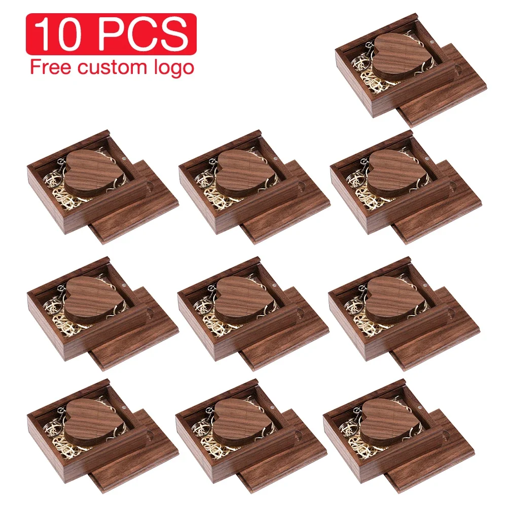 

10 PCS/LOT Wooden Heart Box USB Flash Drive 128GB Free Custom Logo Memory Stick 64GB Pen Drive Photography Wedding Gift Heart