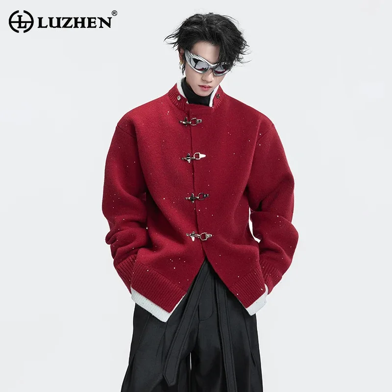 

LUZHEN 2025 зимний стильный красивый оригинальный вязаный кардиган с металлической пряжкой, мужской элегантный мужской свитер с вырезом из искусственного меха JY5613