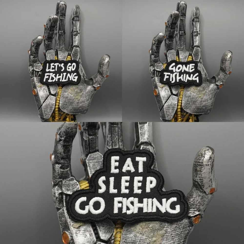 GONE FISHING Gestickter Aufnäher, Applikation zum Aufnähen, Punk-Biker-Band-Rock-Kleidungsetikett, Klettverschluss oder zum Aufbügeln, anpassbar – Detail 1