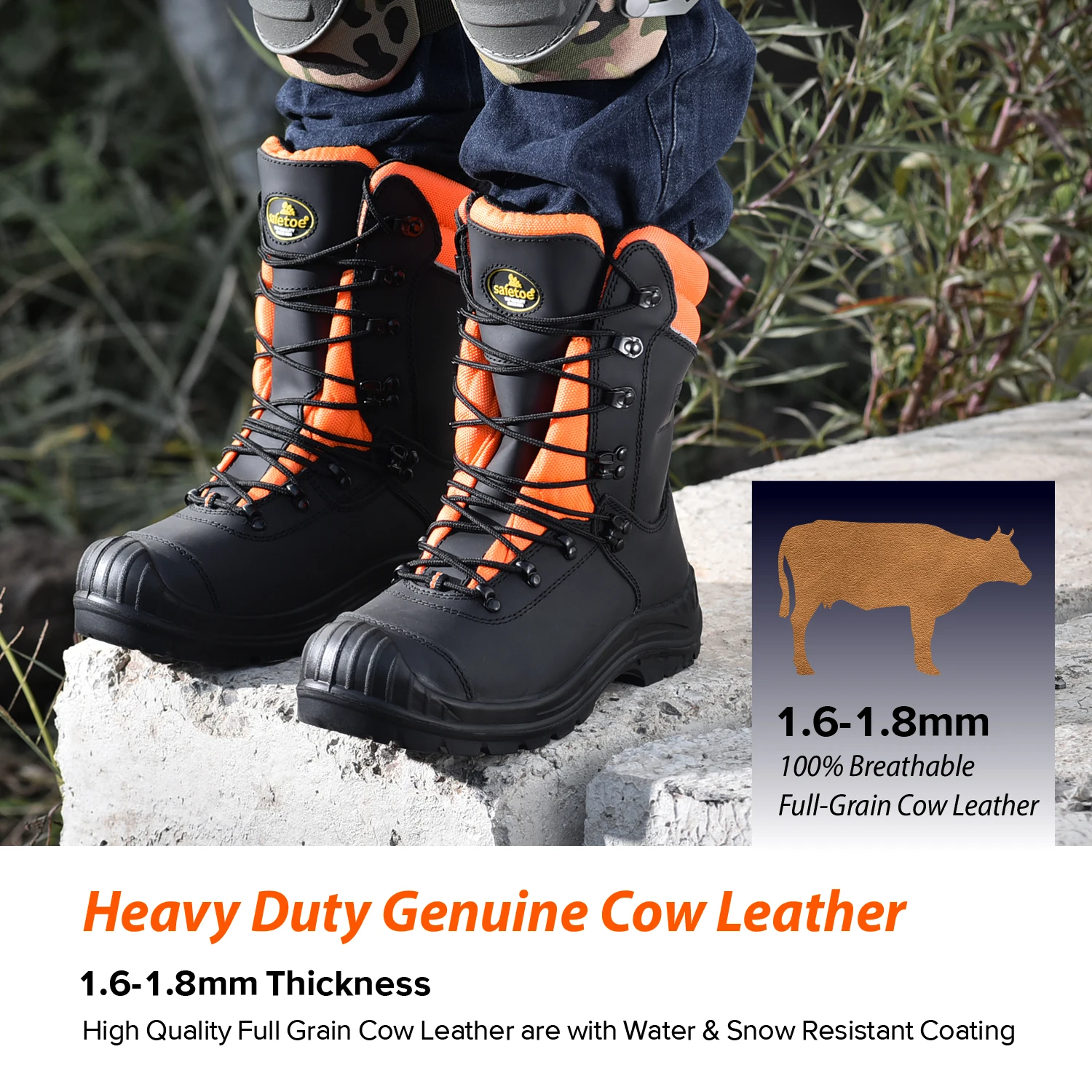 Safety Chainsaw Cut Protection Boots with Genuine Cow Heavy Duty Steel Toe Leather Memory Foam Insoles Woodcut Construction Work