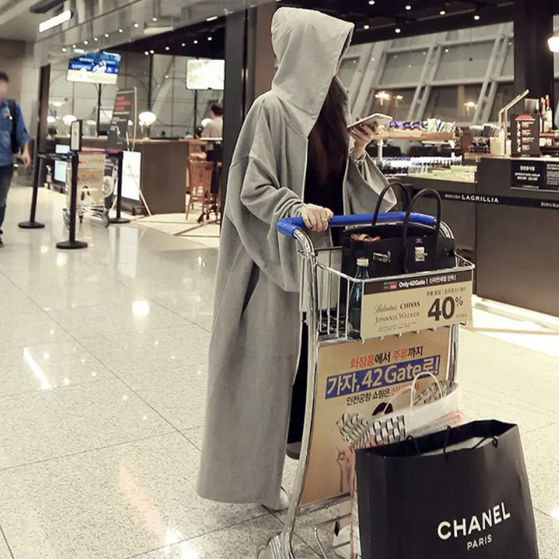 

plus Size Autumn Winter Fleece Lined Loose Hooded Women's Windbreaker Coat Knee Length Sweatshirt Dress Korean Style Commute