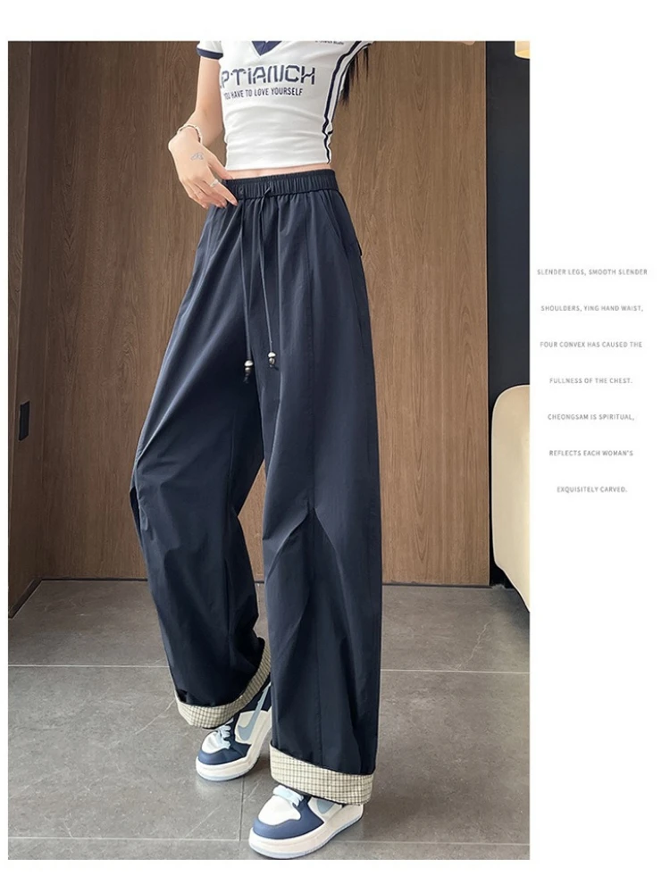 2026 New Sports Pants Spring Summer Quick-Drying Plaid Curl Staggered Waist Slacks Women Fashion High Waist Loose Wide-Leg Pant