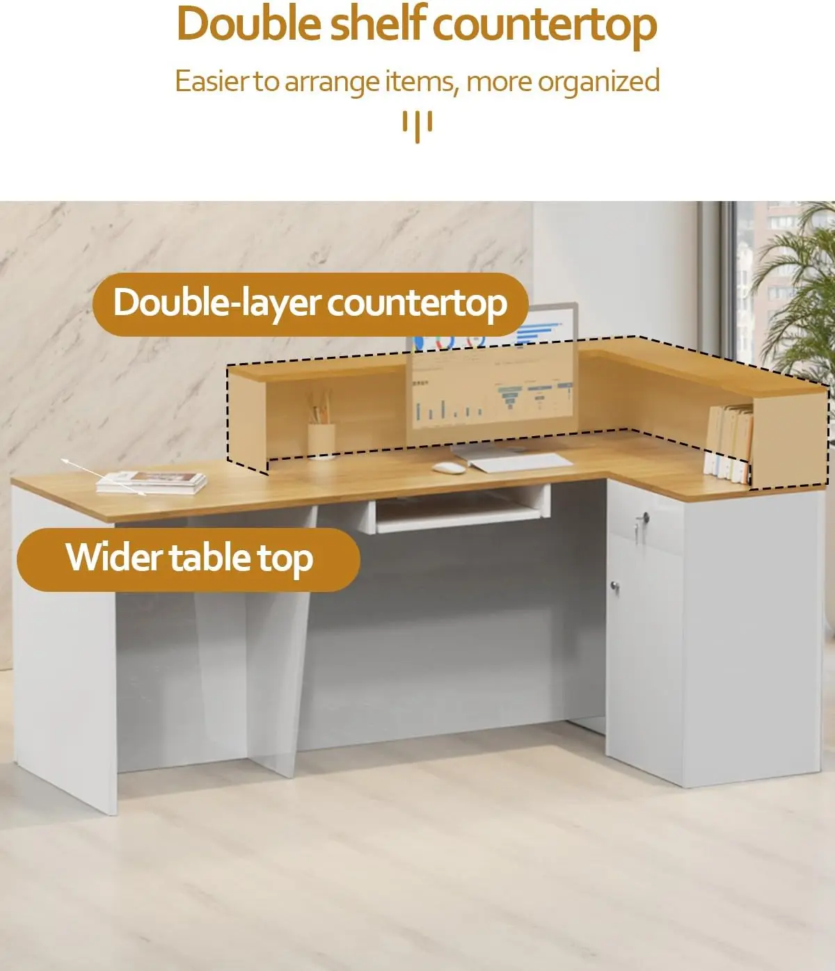 Modern Reception Desk, Solid Wood Reception Desk with CounterCheck Out Stand with Lockable Drawer, Retail Checkout Counter