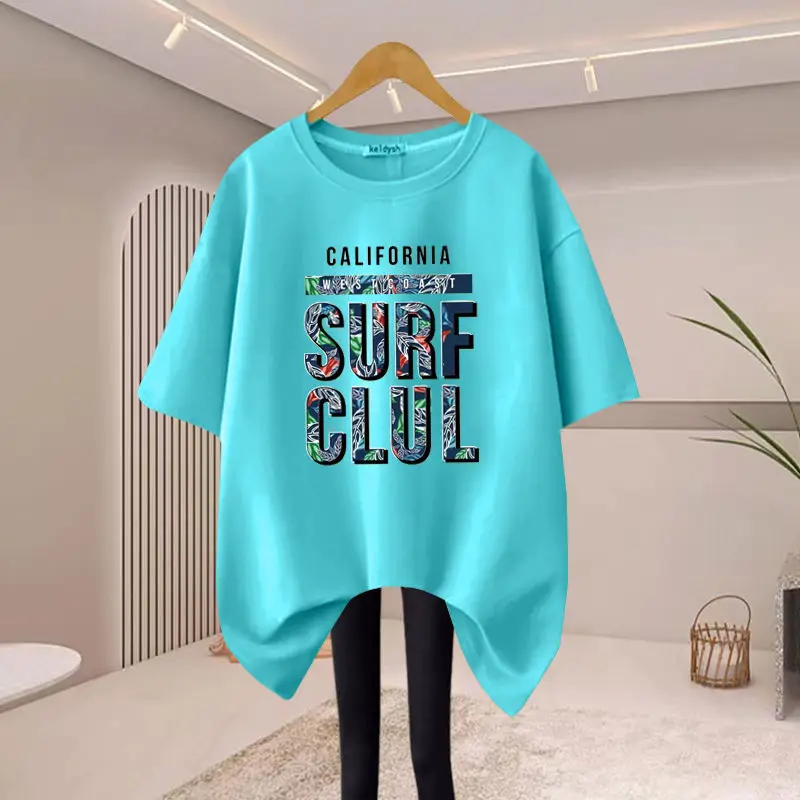 Women Fashion Letter Printing Y2k T-shirts Summer Pure Cotton O-neck Short Sleeve Basic Tee Office Lady Oversized Tops 45-105Kg
