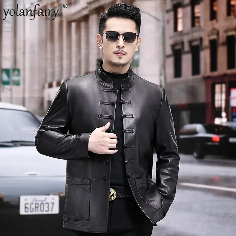 Genuine Leather Men's Jackets Medium Long 100% Real Sheep Leather 2022 New Leather Windbreaker Chinese Suit Coat Mens Jacket F