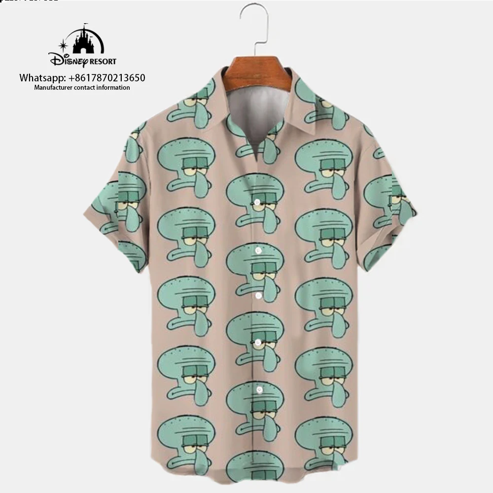 Haut de chemise à manches courtes dessin animé Bob l'éponge pour hommes, mode estivale, rue Harajuku, tendance décontractée, revers polyvalent, nouveau, 2024