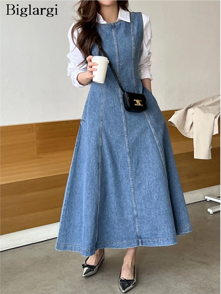 Denim Summer Sleeveless Vests Dress Women Slim Casual Fashion Ruffle Ladies Dresses Korean Style Pleated Woman Long A-Line Dress