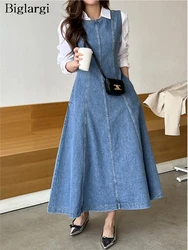 Denim Summer Sleeveless Vests Dress Women Slim Casual Fashion Ruffle Ladies Dresses Korean Style Pleated Woman Long A-Line Dress