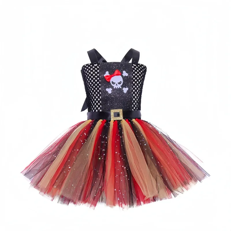 Disguised Child Pirate Fluffy Tulle Tutu Dress for Girls Children Halloween Cosplay Skeleton Ghost Captain Masquerade Costume