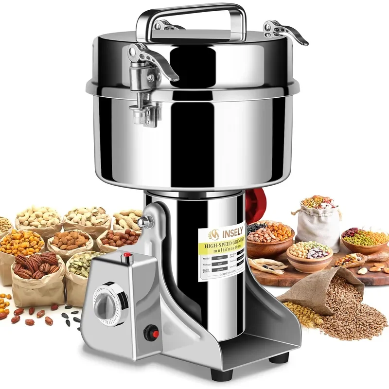 Grain Mill Grinder 2000g High Speed Food Grain Mill Stainless Steel Seeds Flour Nut Wheat Corn Spices Seasonings Dry Grinder