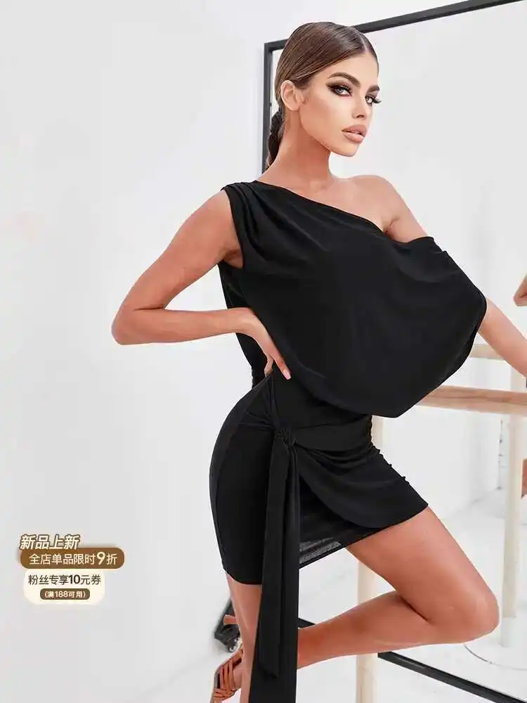 

Zym[Essential Items For Wardrobe]Dress With Diagonal Shoulder Straps, Latin Dance Costume For Adults, Loose Buttocks, 2211