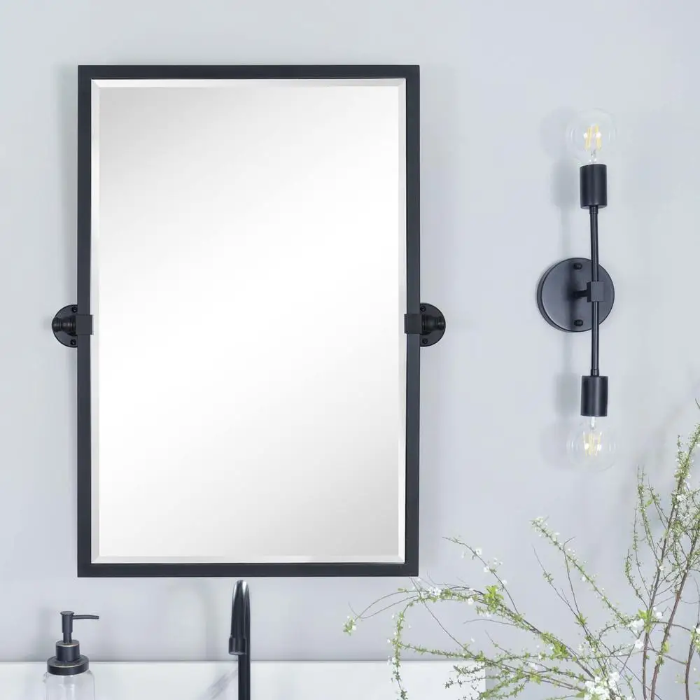 Pivot Bathroom Vanity Mirror Black Metal Framed Beveled Wall Mirror 20x30'' Rectangle Sturdy Brackets Chic Modern Rustic