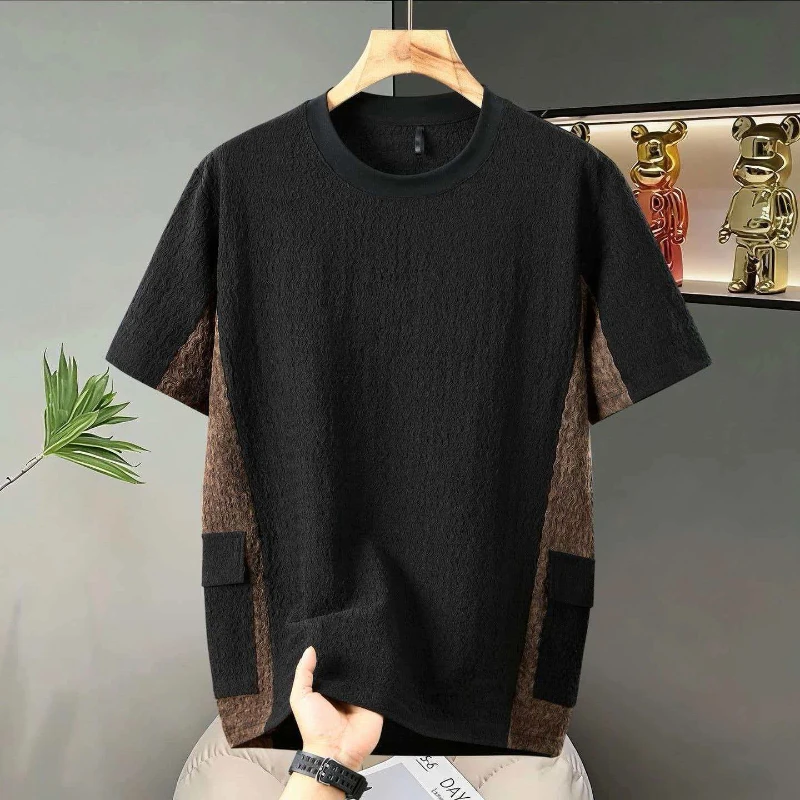 

Men's Casual Knit T-Shirt With Patchwork Design Round Neck Short Sleeve Breathable Daily Wear Spring Autumn Style