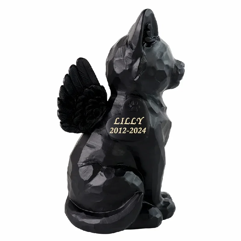 Personalized Black Cat Angel Memorial Garden Statue With Cat Cremation Urn Features- 7.4inch