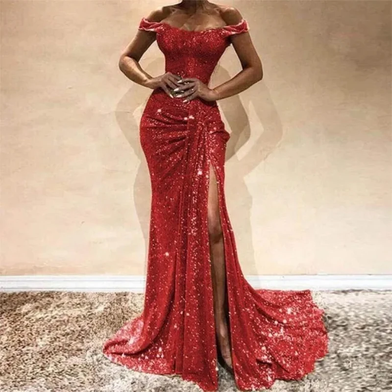 

Sequins Off Shoulder Prom Dresses Ball Gown Cocktail Dress Sexy Slit Wedding Party Dress Gowns