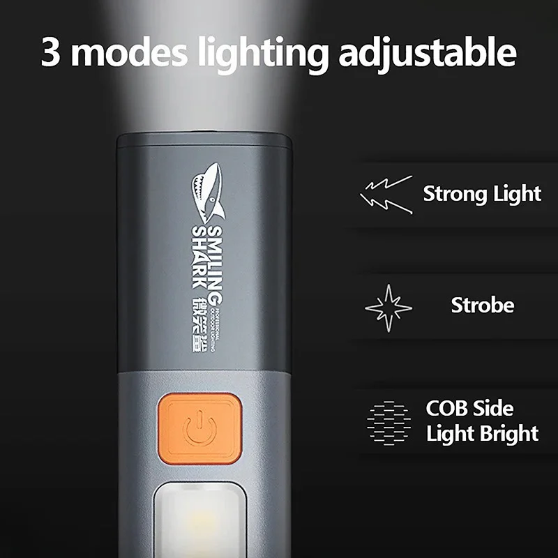 Smiling Shark LED Torch Light Super Bright Flashlight with Hook Rechargeable Portable Camping Lantern 3 Modes Adjustable SD1023