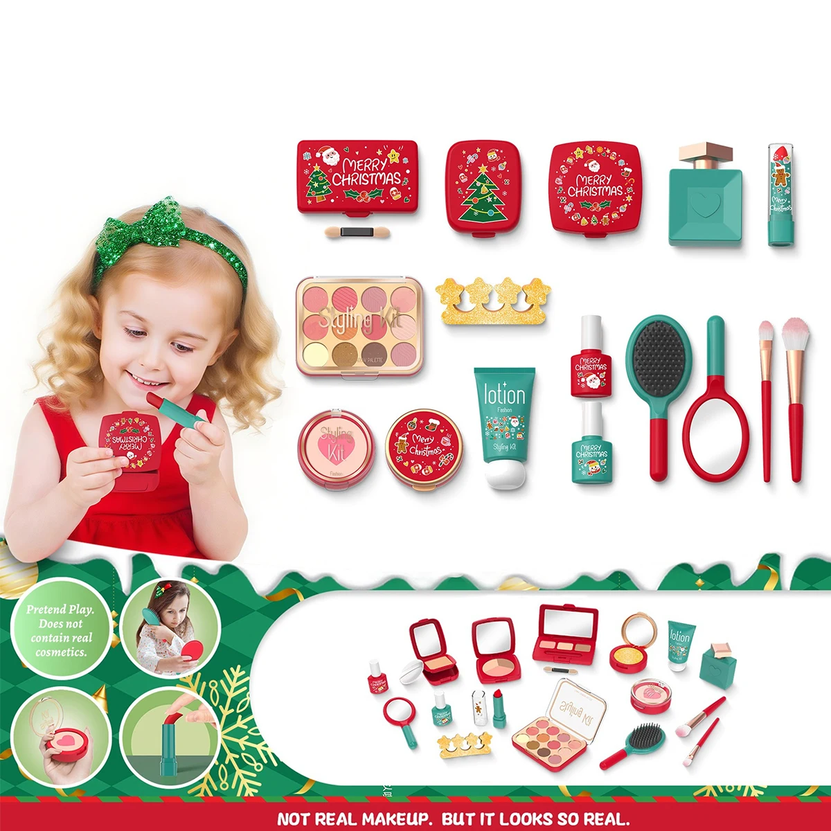 Conjunto de brinquedos de maquiagem infantil simulado fingir jogar beleza caixa de maquiagem sombra de olho blush tema de natal presentes para meninas não-tóxico