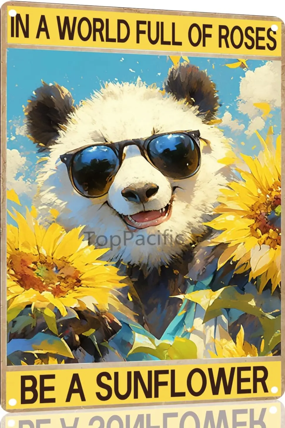Panda Vintage Aluminium-Metallschild „In einer Welt voller Rosen sei eine Sonnenblume“ Retro-Blechschild Hippie Retro-Poster Vintage-Schild Wanddekoration