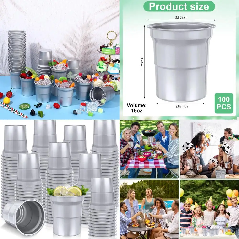 

100 Pack 16oz Aluminum Cups - Recyclable, Disposable & Reusable for Outdoor Events, Family Gatherings, Festivals