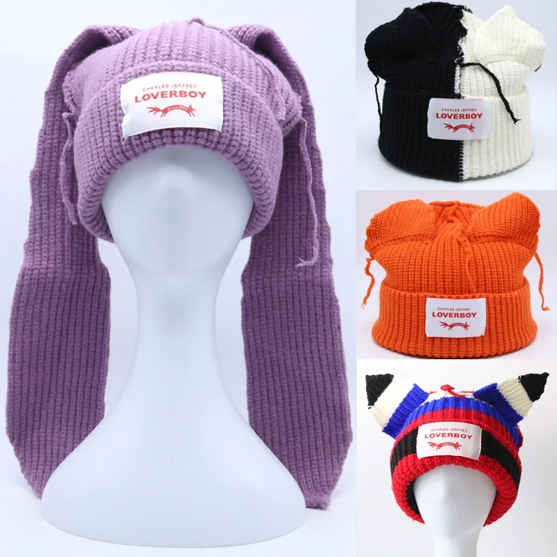 Long fox Ears Knitted Hat Men Women Rabbit Ear Warm Crochet Beanies Kpop Hip Hop Hat Winter Skullies Cap Y2k Christmas Gifty