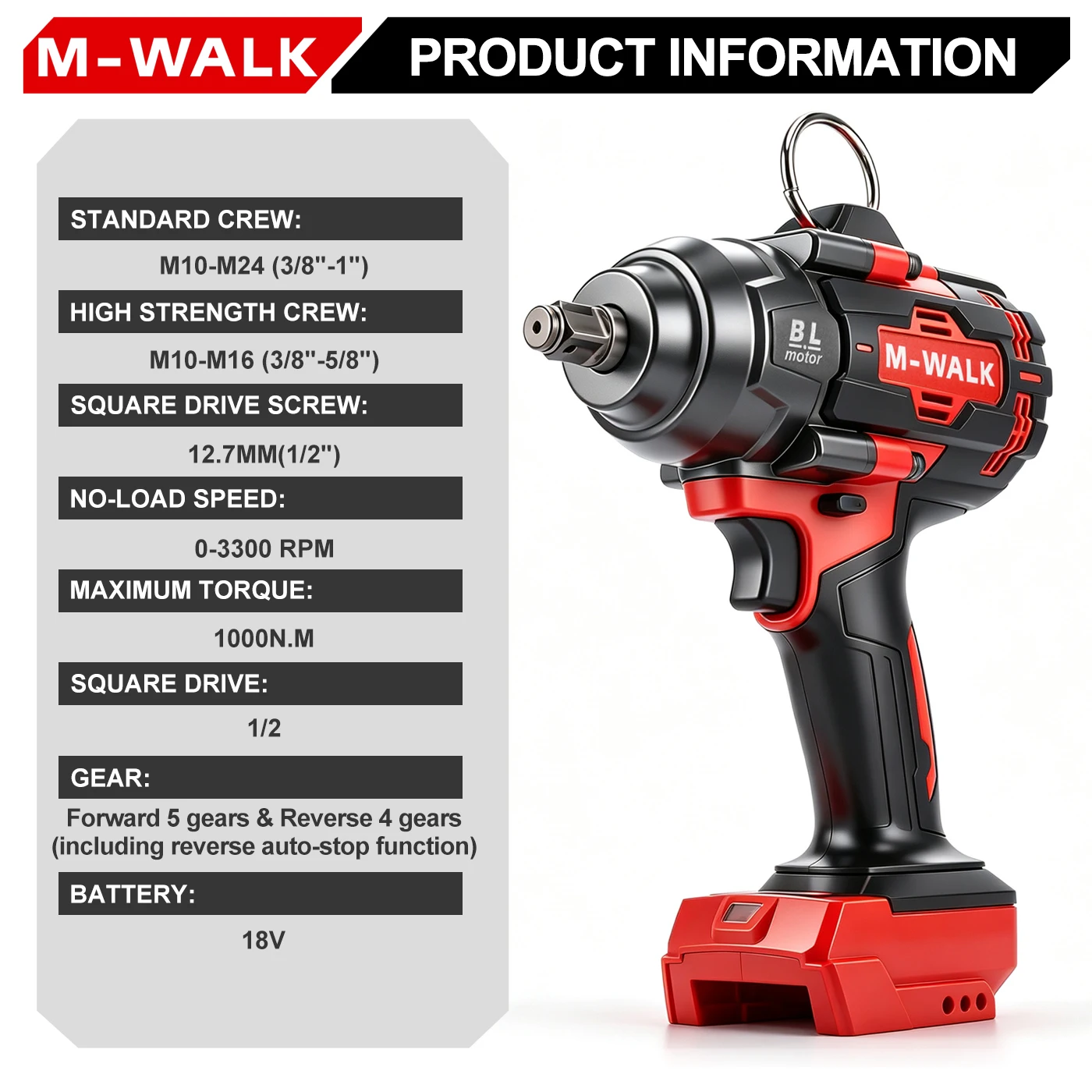 M-WALK 1000NM Brushless Electric Impact Wrench 1/2inch Cordless High Torque Handheld Power Tool For Milwaukee 18V Battery Pins