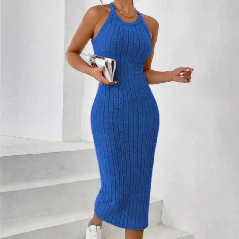 2026 Damen Rundhals Einfarbiges Ärmelloses Spaghetti-Träger-Kleid Geripptes Langes Figurbetontes Freizeit-Sportkleid Y2k Mode – Detail 2