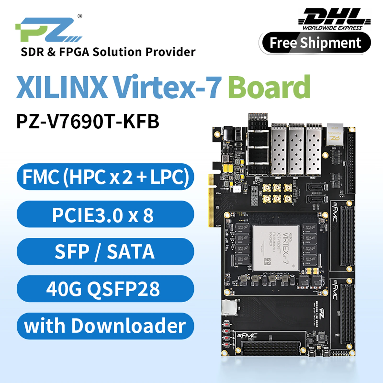 Placa de desenvolvimento Puzhi V7690T FPGA Xilinx Virtex-7 XC7V690T FMC PCIE 40G QSFP28