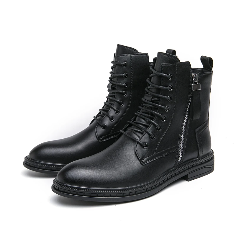 Men's High‑top Ankle Boots Synthetic Leather Side Zipper Lace‑up Non‑slip Block Sole Comfort Business Casual Dress Footwear