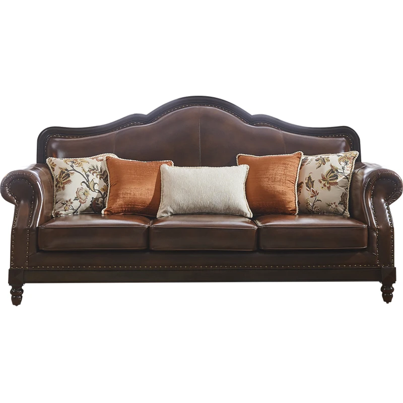 

American country style full-grain leather sofa leather solid wood living room