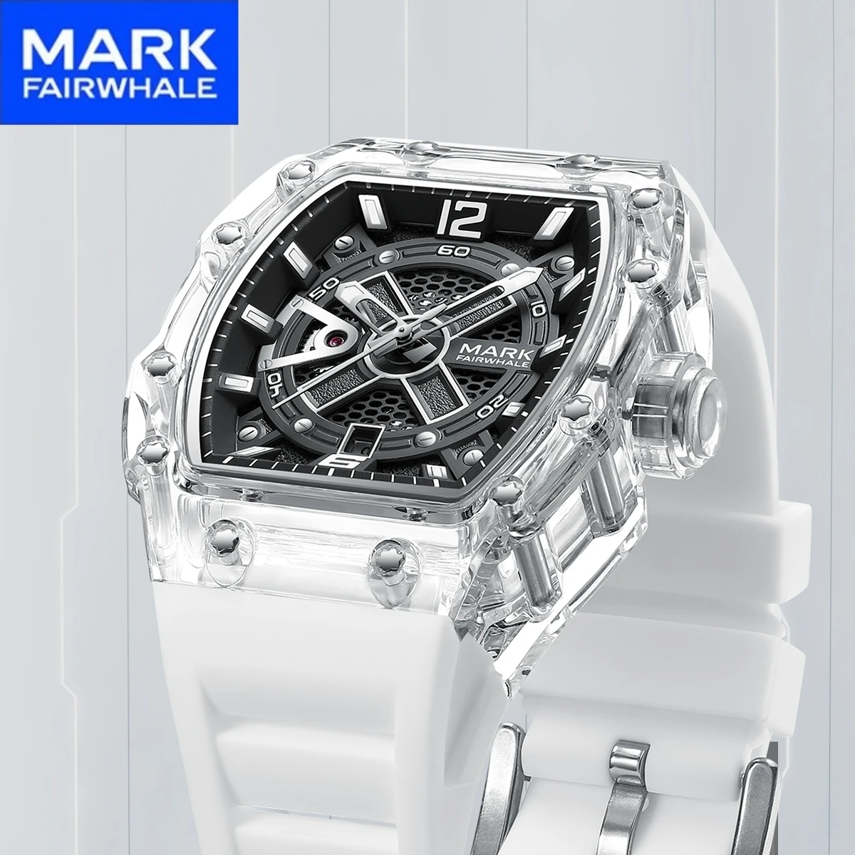 

Mark Fairwhale Casual Tonneau Transparent Acrylic Case Men‘s Mechanical Watch Silicone Sprot wristwatch relojes para caballeros