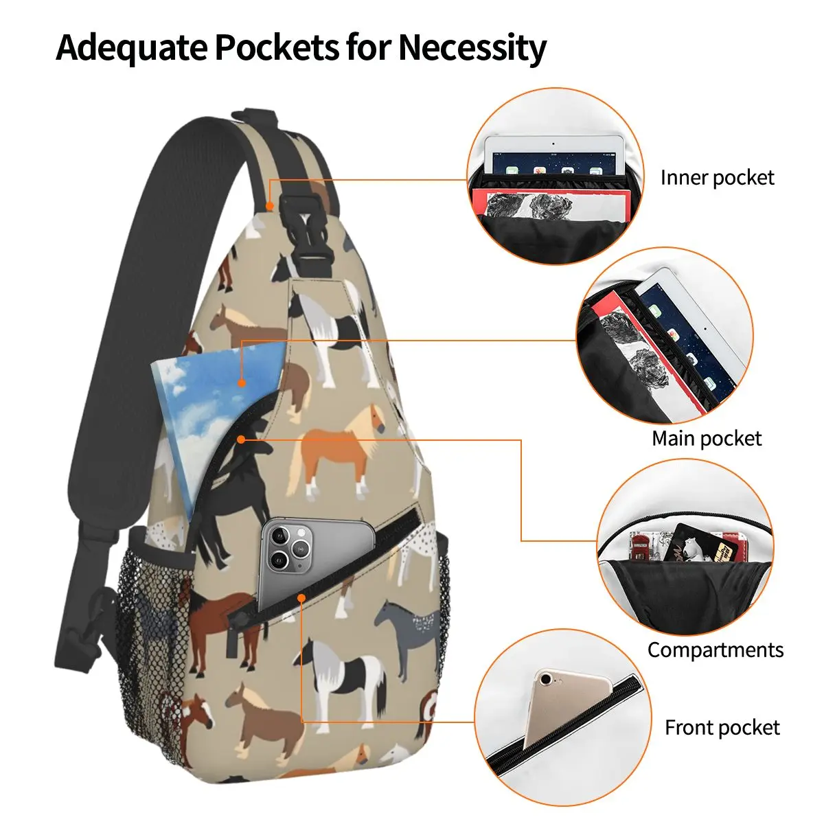 Horse Breeds Pattern Chest Bag Men Sling Crossbody Backpack Chest Bag Travel Hiking Daypack Shoulder Bag