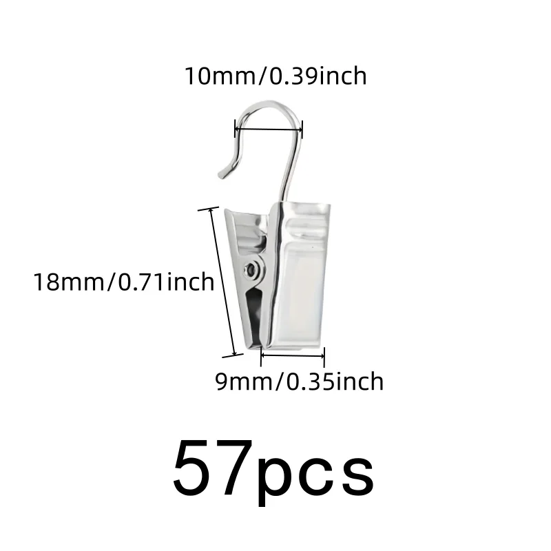 57 pcs Open-End Curtain Clips for Bathroom Shower Curtain, Rust Resistant Metal, Strong Secure Grip, Multipurpose
