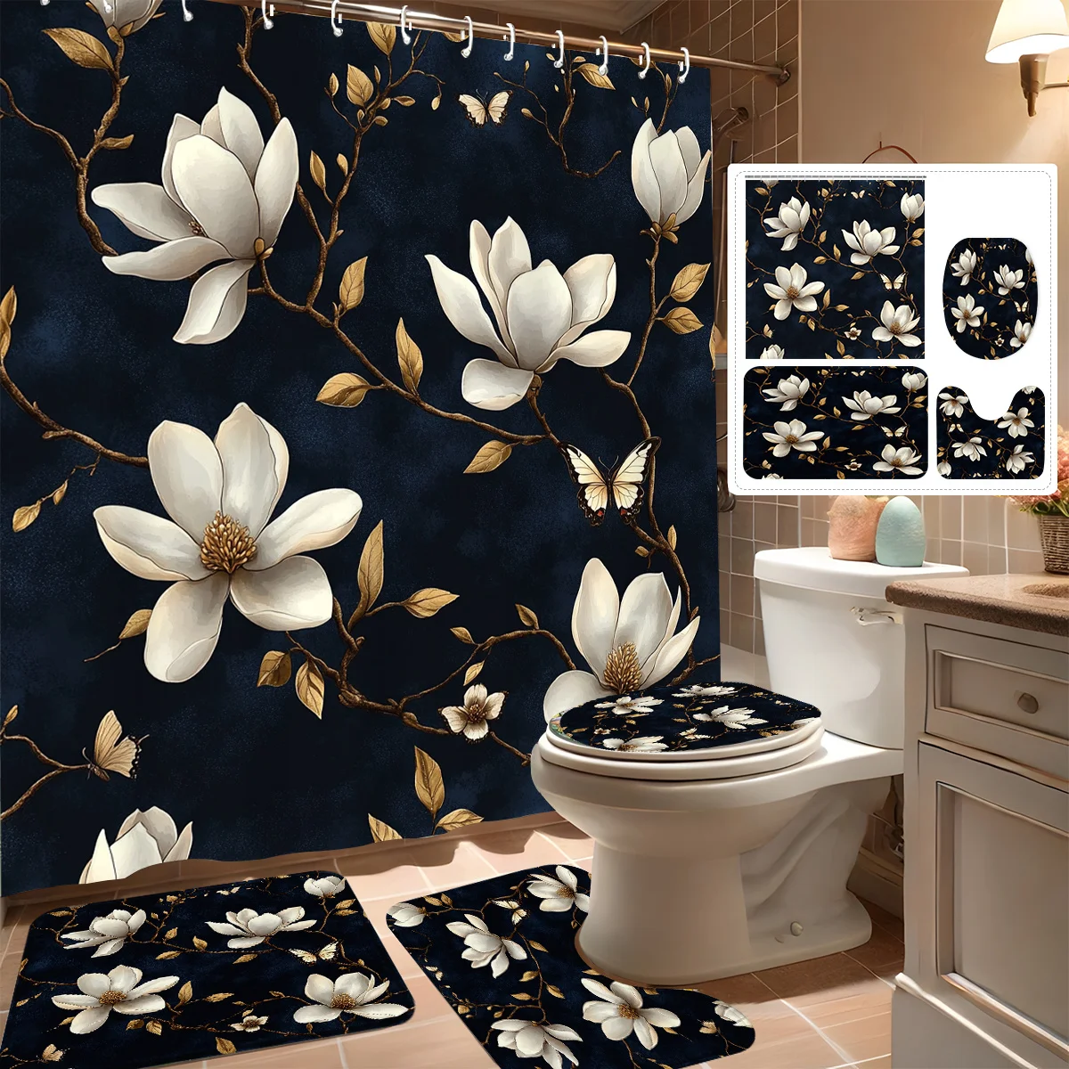 

4pcs Shower Curtain Set, Romantic Artificial Jade Orchid Branches, Modern Bathroom Decor, Includes 12 Hooks, Non-Slip Bath
