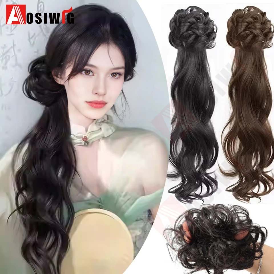 Synthetic cluttered chignons ponytail Hair Extension Black Natural Wig Long Curly Ponytail Hair Band Rubber Band Women's Wig