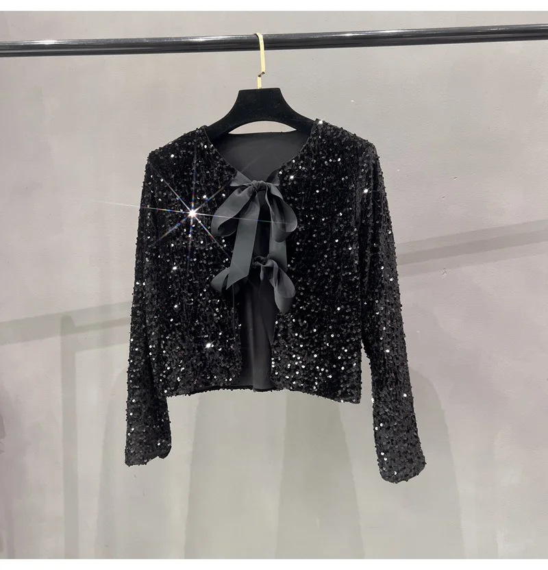 European and American Crew Neck Lace-up Short Sexy Nightclub Sequined Long-sleeved Jacket Winter Clothes Women