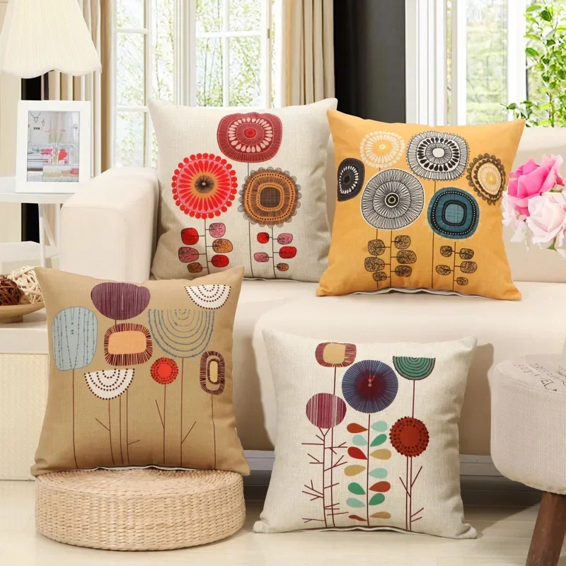 Nordic Cartoon Four Seasons Linen Pillow Cover 40*40 Living Room Sofa Cushion Cover 60*60 Square Creative Home Decoration Cover