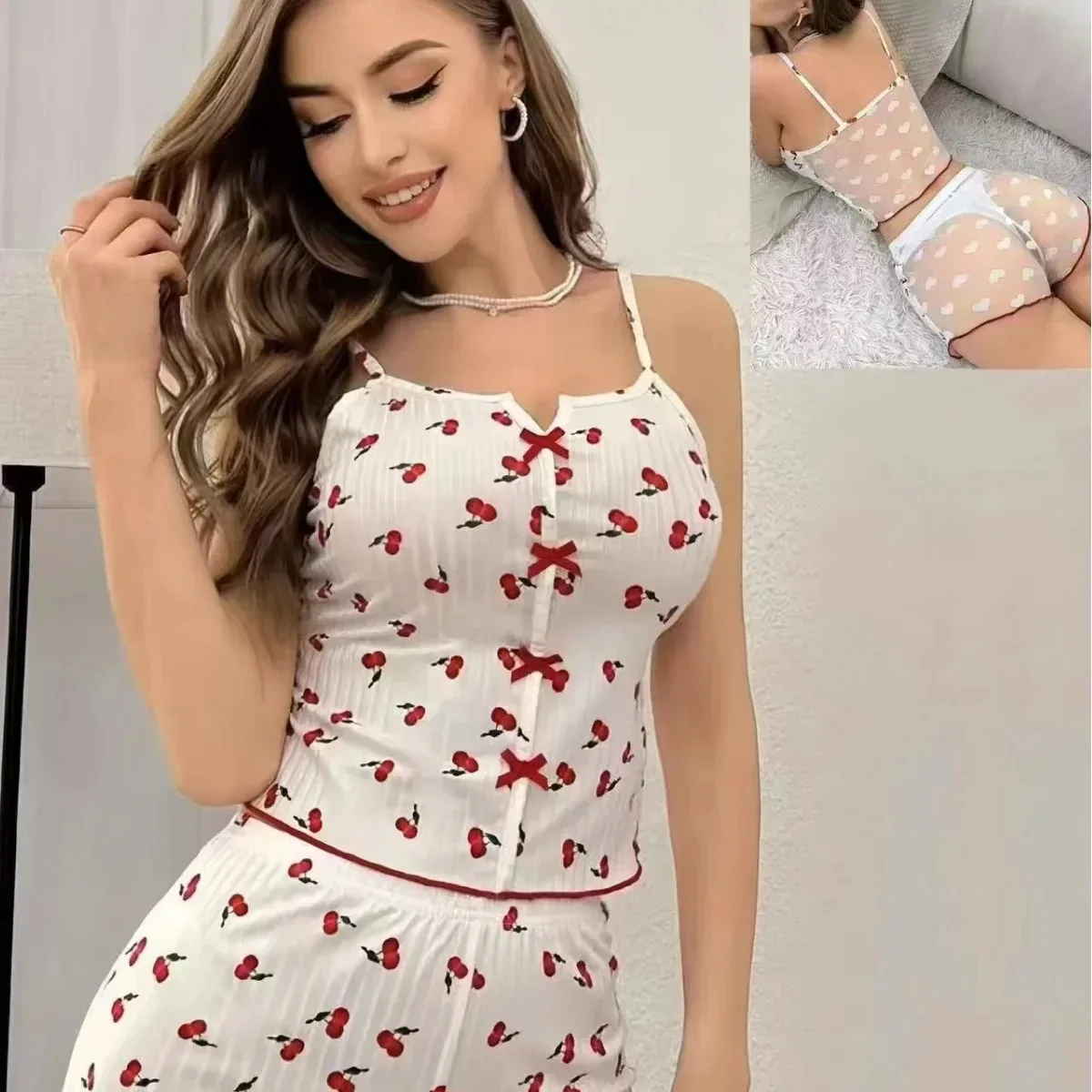 Hot Sale Floral Print Color Block Mesh Home Clothes Set with Strap Shorts Nightgown V-Neck Sleeveless Thin Material Home Clothes