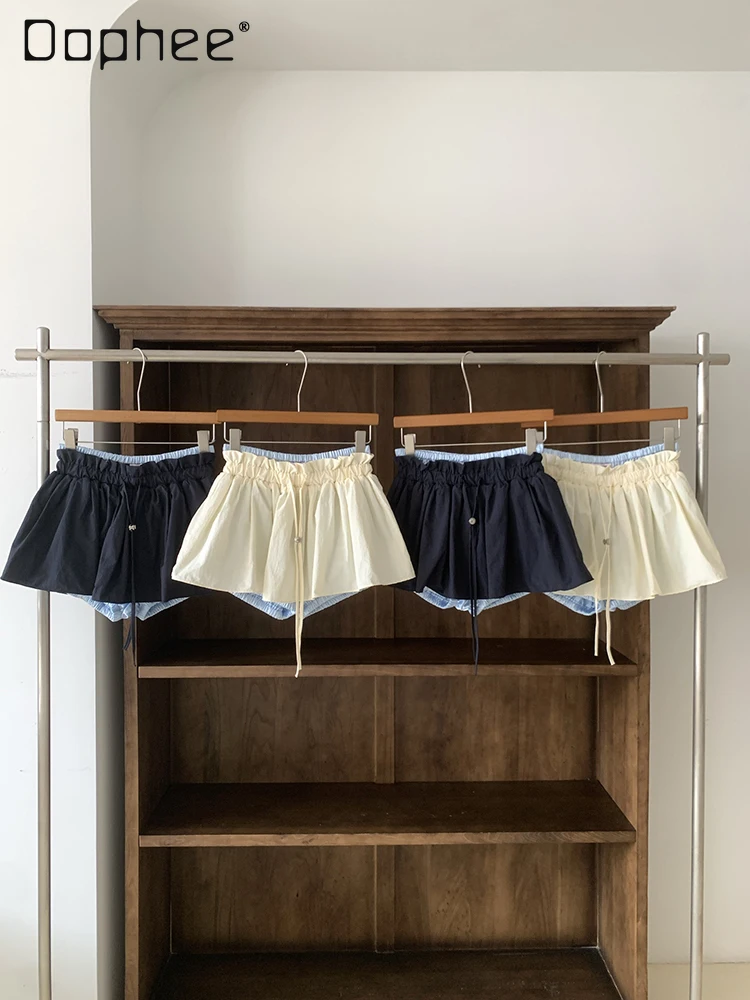 Coreano ins na moda emenda cor cintura elástica mini saia feminina verão nova doce menina personalidade falso saias tutu de duas peças