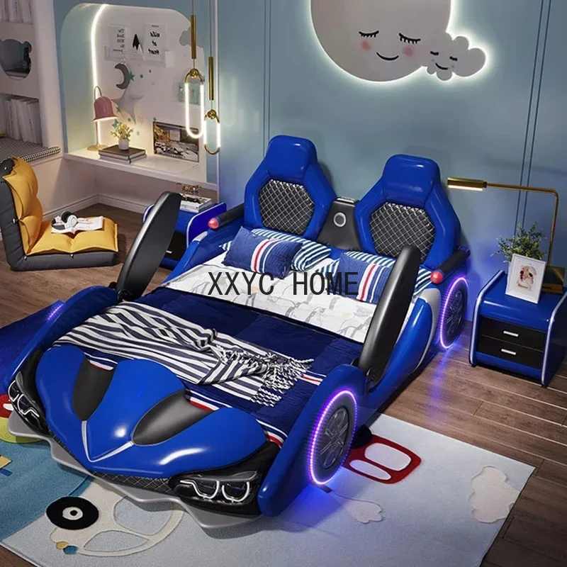 Factory Wholesale Double Creative Kids Car Bed Boy Cartoon Leather Single Bed with Guardrail Girl Children Racing