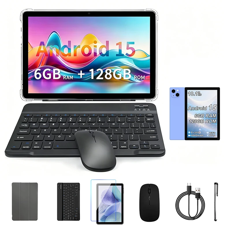 Android 15 Tablet 10.1 Inch 6GB RAM + 128GB ROM Octa Core 5G WiFi Dual Cameras Dual SIM with Keyboard Mouse Case