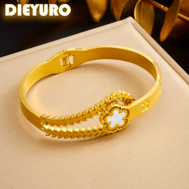 DIEYURO 316L Stainless SteelWhite Shell Flower Splicing Phoenix Tail Bracelet For Girl New Fashion Plain Loop Wrist Jewelry Gift