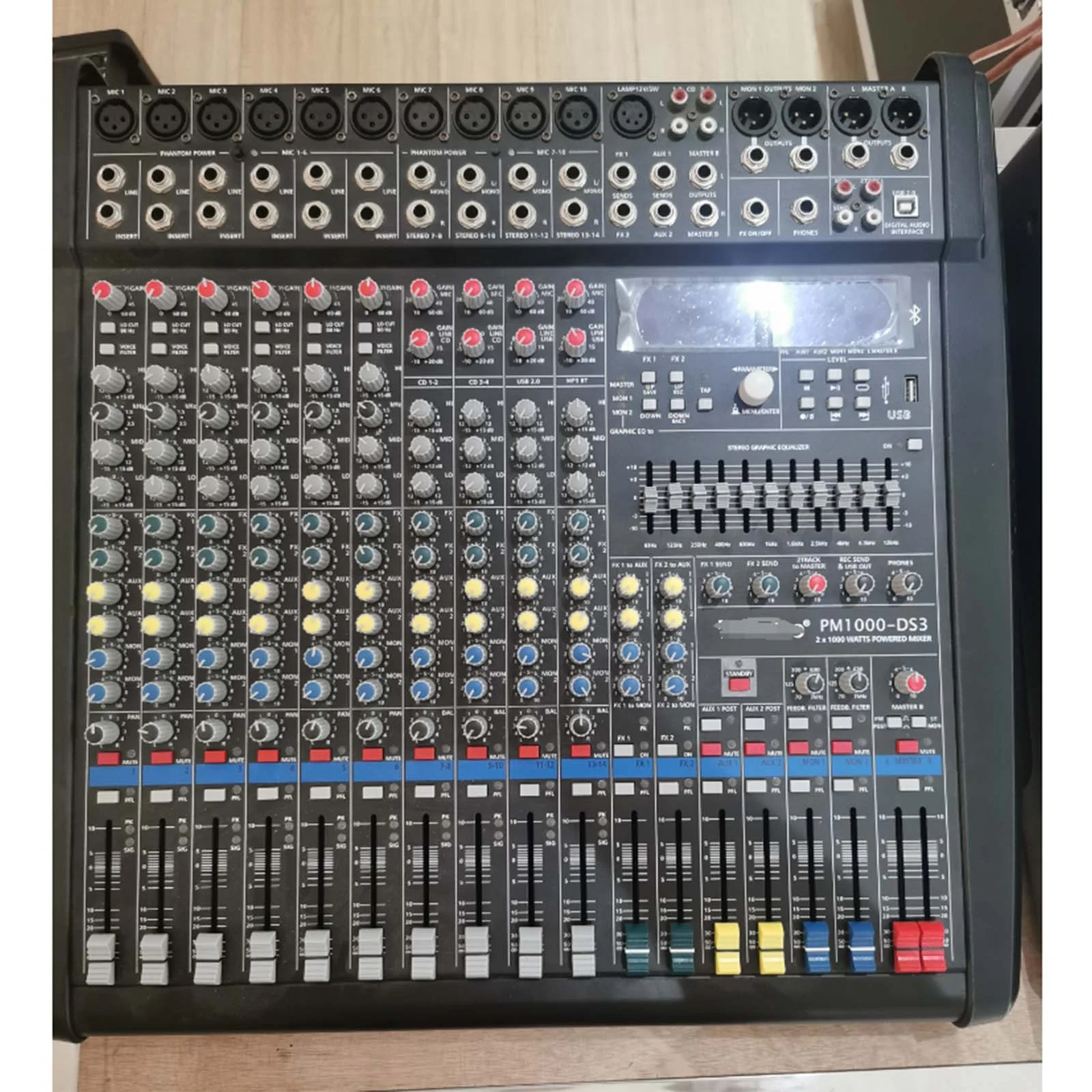 PM1000-DS3 Mixer Daya Berkualitas Baik dengan Bluetooth 10 Kanal DSP USB Phantom 48v Perekaman 2*1200W dengan Kotak Mixer