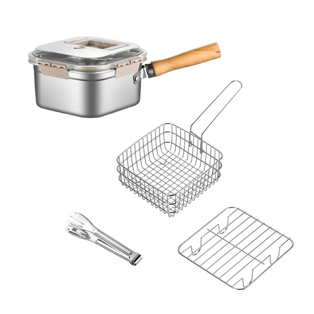 Edelstahl-Fritteuse, tragbarer Outdoor-Kochtopf mit Korbdeckelgriff und Ölfiltersieb, multifunktionaler Lebensmittelbehälter