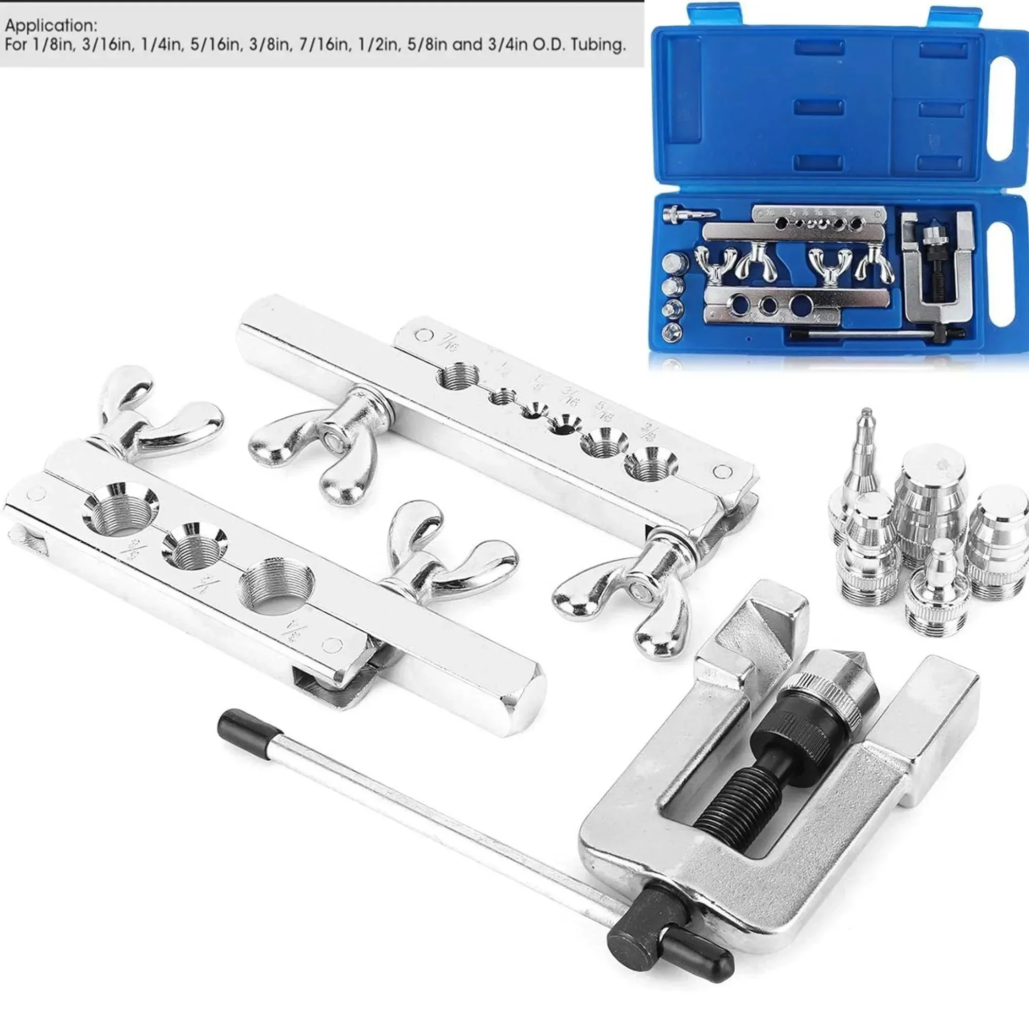 

Flaring Tool Kit 1/8"-3/4" with 2 rods 5 forged adapters 7 tube sizes For extended brake line refrigeration